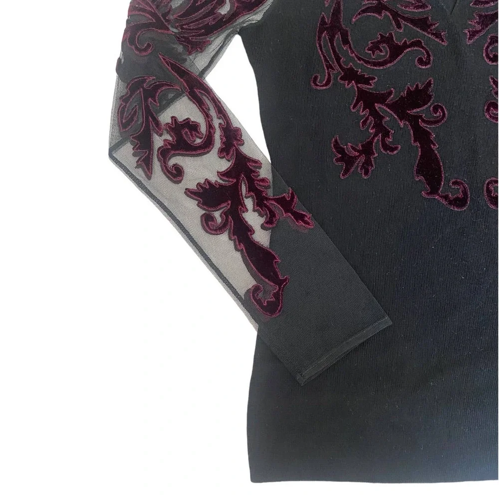 INC Flocked Velvet Illusion Black & Wine Choker Mesh Sweater Top Medium - Picture 5 of 11